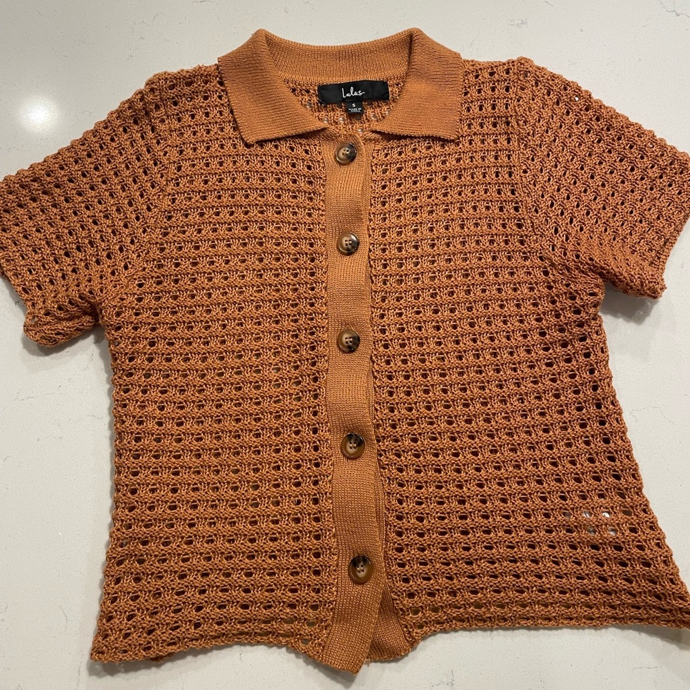Lulu’s “Cuter than Casual” Open Knit Button-Up Top, Rust Brown (Size Small)